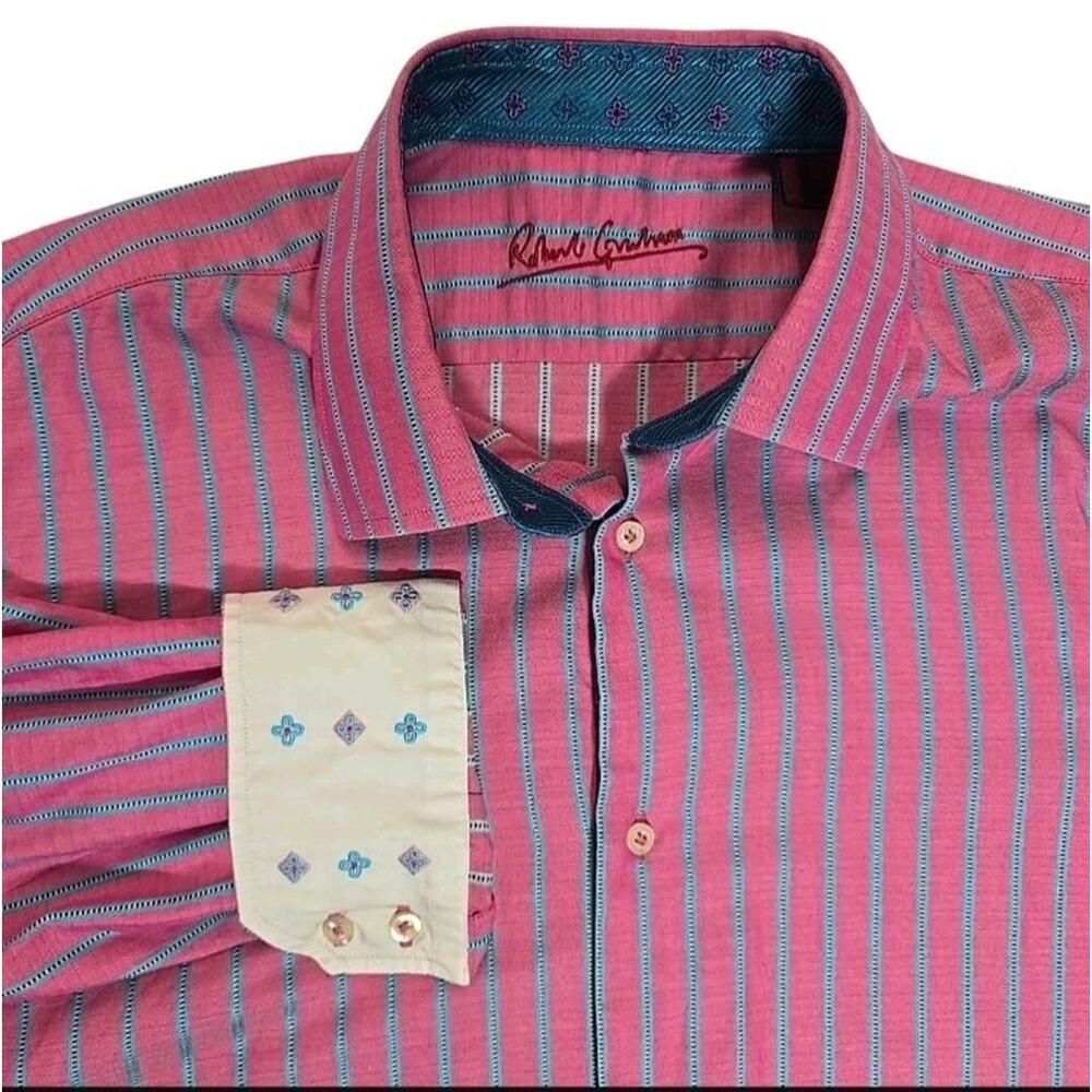 Robert Graham Shirt Mens 17 43 L/XL Pink Blue Striped Cotton Silk Flip Cuff